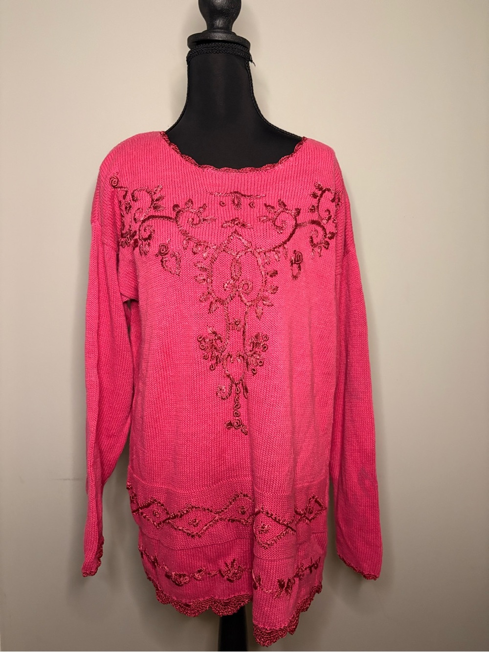 Bright Pink Embellished Scoop-Neck Sweater